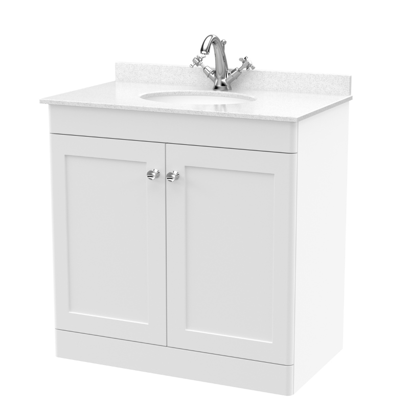 Nuie Classique 800mm Floor Standing 2 Door Unit & 1 Tap Hole Marble Top with Oval Basin (1 size, Satin White) - Brand New Bathrooms