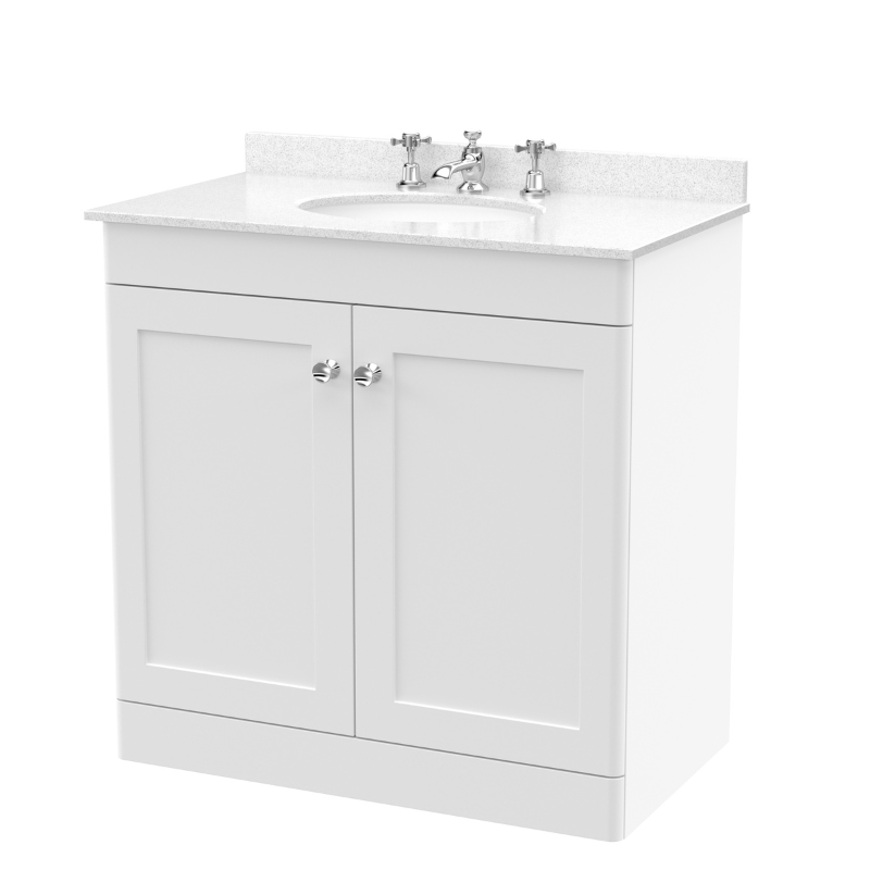 Nuie Classique 800mm Floor Standing 2 Door Unit & 3 Tap Hole Marble Top with Oval Basin (1 size, Satin White) - Brand New Bathrooms