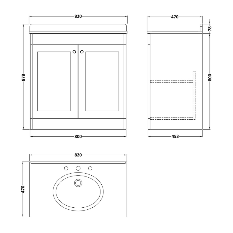 Nuie Classique 800mm Floor Standing 2 Door Unit & 3 Tap Hole Marble Top with Oval Basin (1 size, Satin White) - Brand New Bathrooms