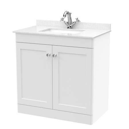 Nuie Classique 800mm Floor Standing 2 Door Unit & 1 Tap Hole Marble Top with Square Basin (1 size, Satin White) - Brand New Bathrooms