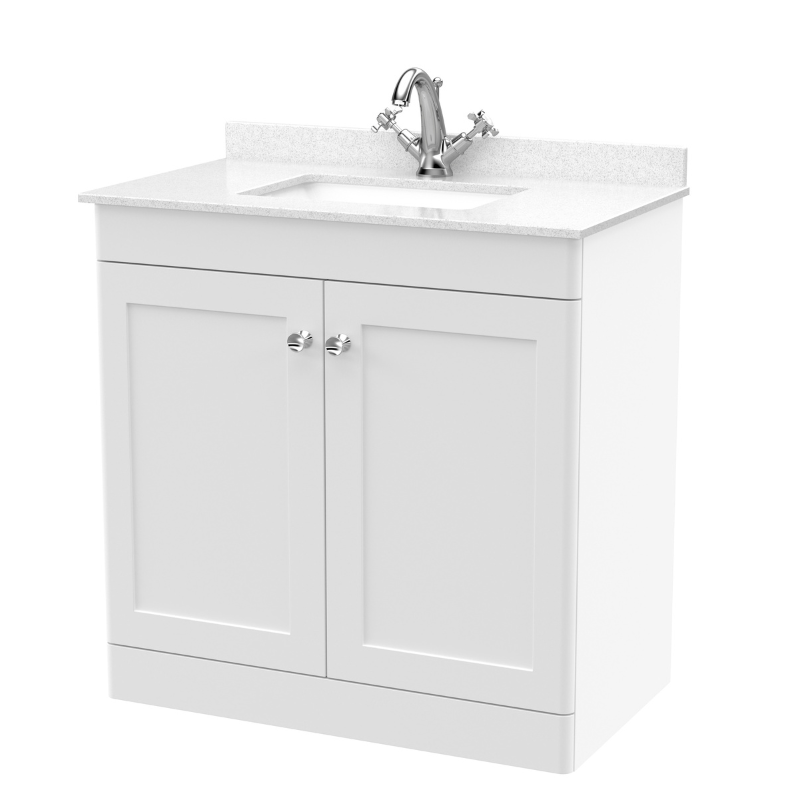 Nuie Classique 800mm Floor Standing 2 Door Unit & 1 Tap Hole Marble Top with Square Basin (1 size, Satin White) - Brand New Bathrooms