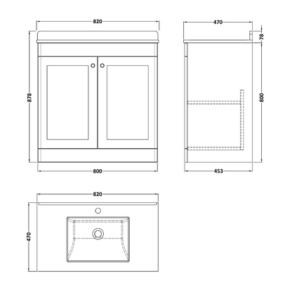 Nuie Classique 800mm Floor Standing 2 Door Unit & 1 Tap Hole Marble Top with Square Basin (1 size, Satin White) - Brand New Bathrooms