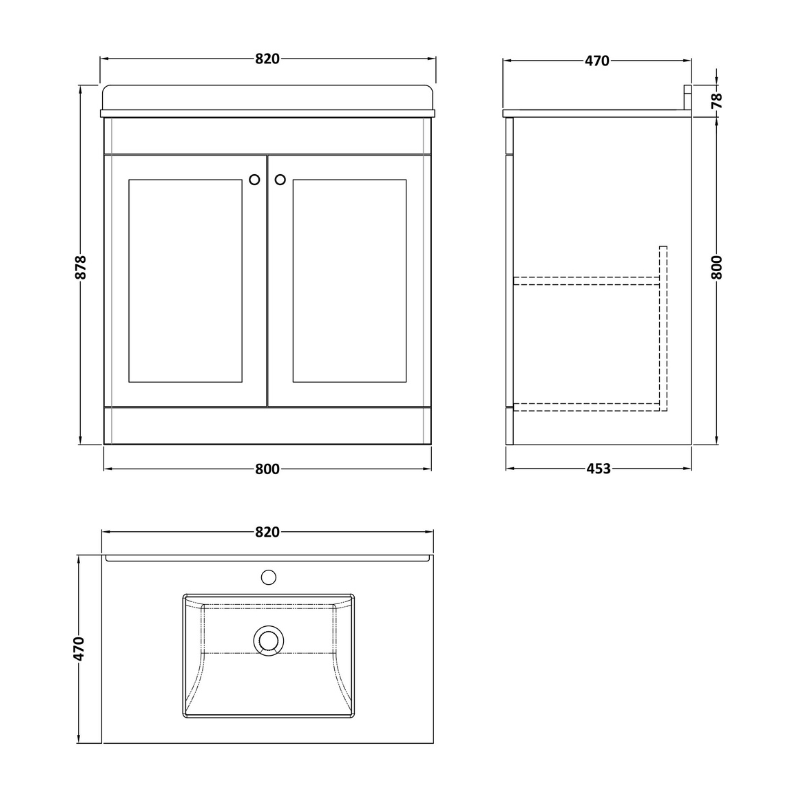 Nuie Classique 800mm Floor Standing 2 Door Unit & 1 Tap Hole Marble Top with Square Basin (1 size, Satin White) - Brand New Bathrooms