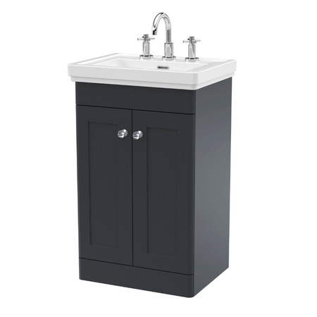 Nuie Classique 500mm Floor Standing 2 Door Vanity Basin Unit & 3 Tap Hole Fireclay Basin (1 size, Soft Black) - Brand New Bathrooms
