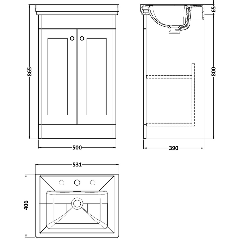 Nuie Classique 500mm Floor Standing 2 Door Vanity Basin Unit & 3 Tap Hole Fireclay Basin (1 size, Soft Black) - Brand New Bathrooms