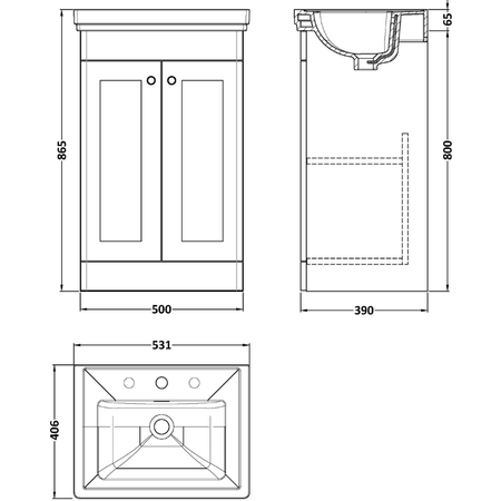 Nuie Classique 500mm Floor Standing 2 Door Vanity Basin Unit & 3 Tap Hole Fireclay Basin (1 size, Soft Black) - Brand New Bathrooms