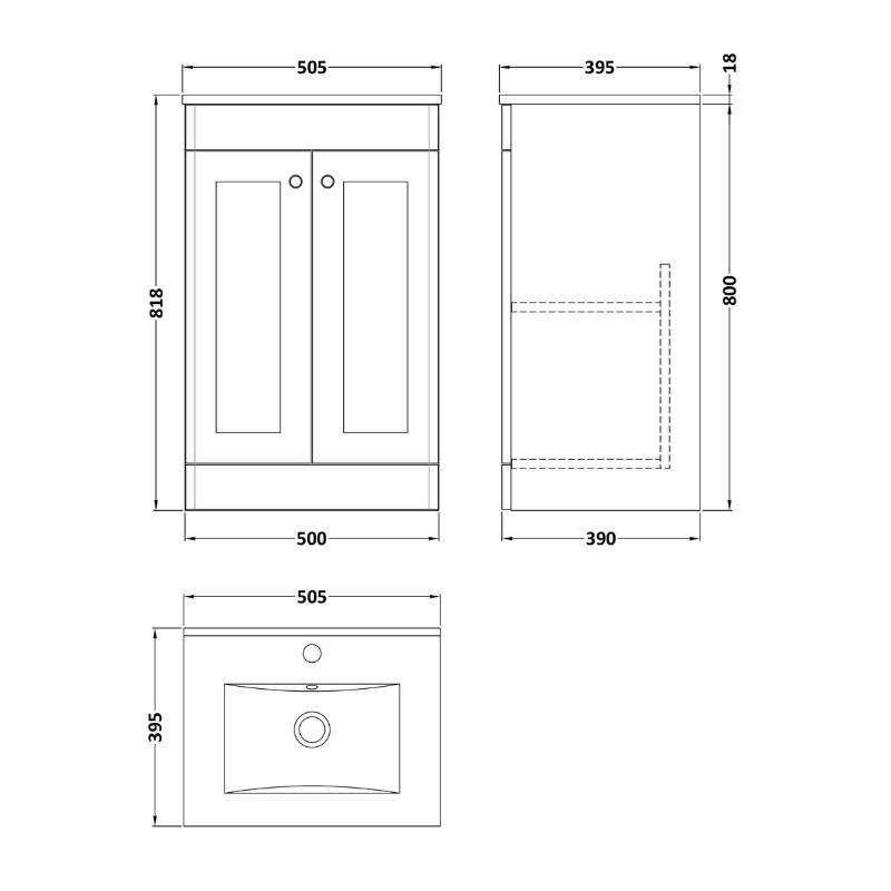 Nuie Classique 500mm Floor Standing 2 Door Unit & Minimalist Ceramic Basin (1 size, Soft Black) - Brand New Bathrooms