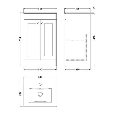 Nuie Classique 500mm Floor Standing 2 Door Unit & Minimalist Ceramic Basin (1 size, Soft Black) - Brand New Bathrooms