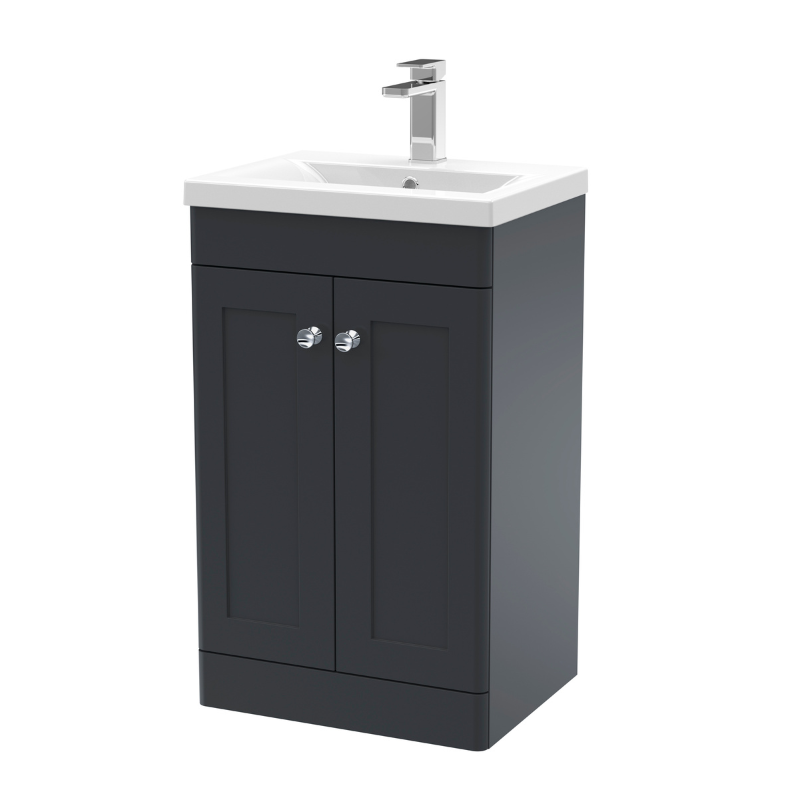 Nuie Classique 500mm Floor Standing 2 Door Unit & Mid-Edge Ceramic Basin (1 size, Soft Black) - Brand New Bathrooms