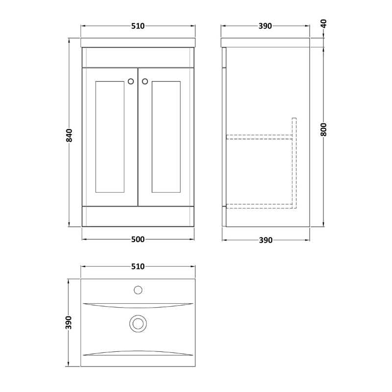 Nuie Classique 500mm Floor Standing 2 Door Unit & Mid-Edge Ceramic Basin (1 size, Soft Black) - Brand New Bathrooms