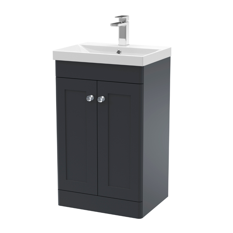 Nuie Classique 500mm Floor Standing 2 Door Unit & Thin-Edge Ceramic Basin (1 size, Soft Black) - Brand New Bathrooms