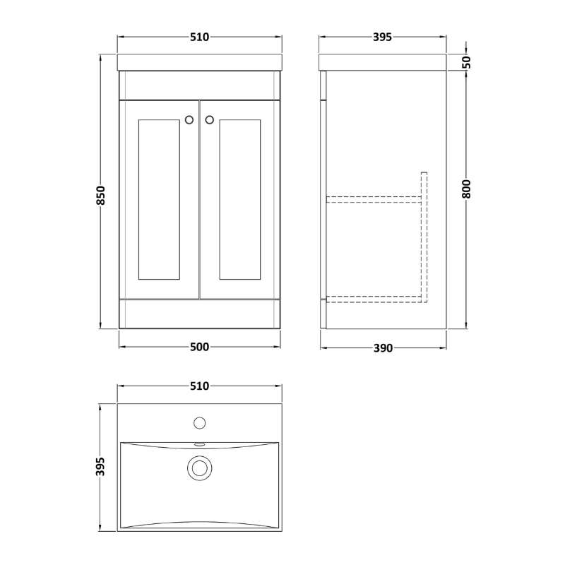 Nuie Classique 500mm Floor Standing 2 Door Unit & Thin-Edge Ceramic Basin (1 size, Soft Black) - Brand New Bathrooms