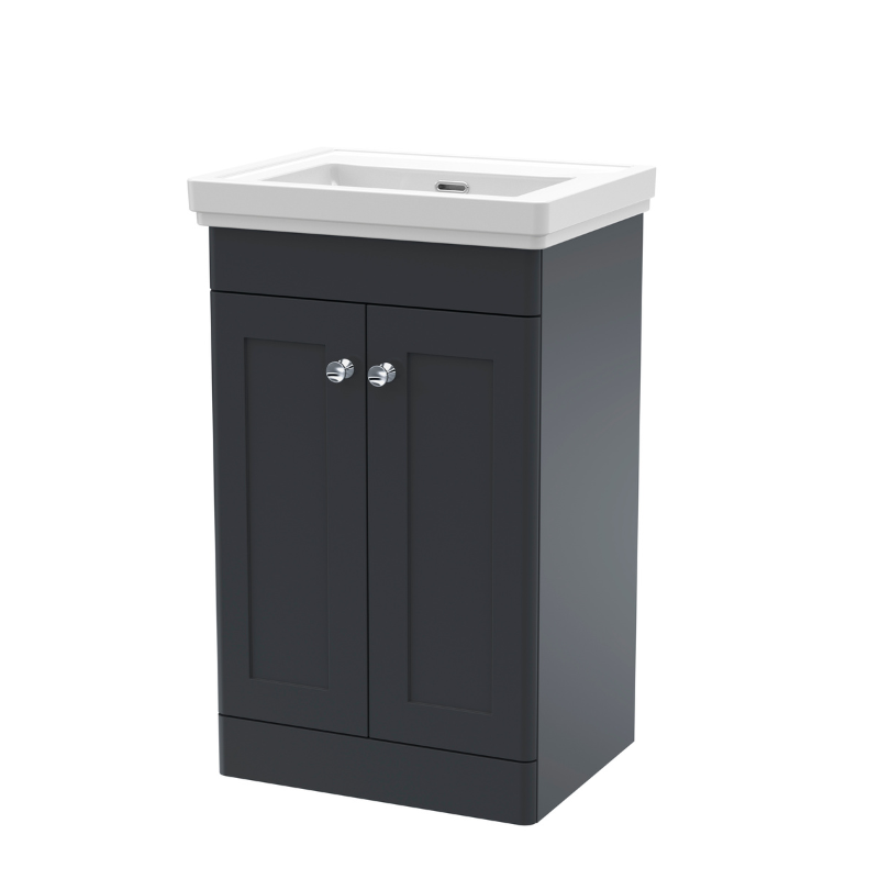 Nuie Classique 500mm Floor Standing 2 Door Unit & 0 Tap Hole Fireclay Basin (1 size, Soft Black) - Brand New Bathrooms