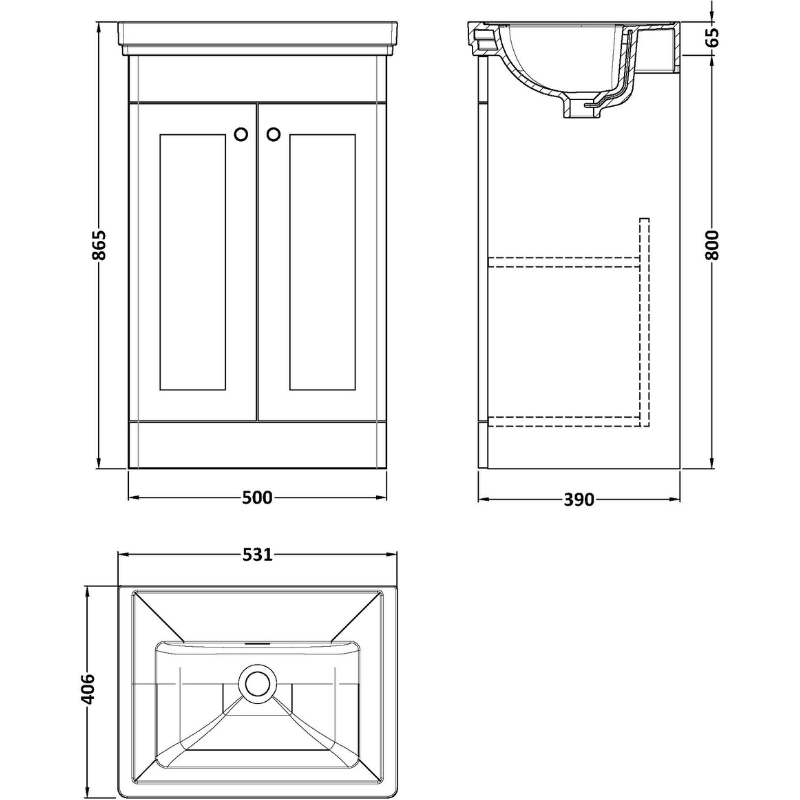 Nuie Classique 500mm Floor Standing 2 Door Unit & 0 Tap Hole Fireclay Basin (1 size, Soft Black) - Brand New Bathrooms