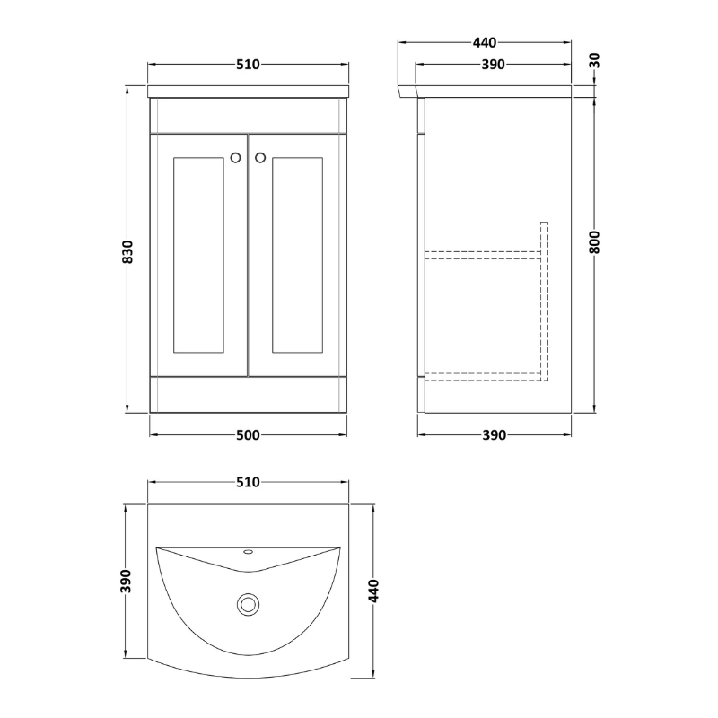 Nuie Classique 500mm Floor Standing 2-Door Unit & Curved Basin (1 size, Soft Black) - Brand New Bathrooms
