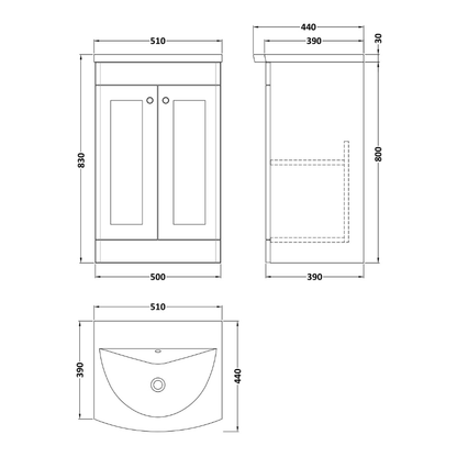 Nuie Classique 500mm Floor Standing 2-Door Unit & Curved Basin (1 size, Soft Black) - Brand New Bathrooms