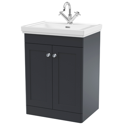 Nuie Classique 600mm Floor Standing 2 Door Vanity Basin Unit & 1 Tap Hole Fireclay Basin (1 size, Soft Black) - Brand New Bathrooms