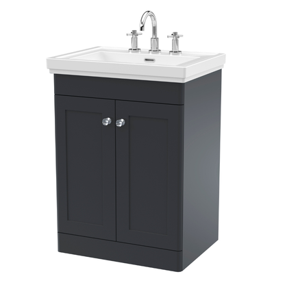 Nuie Classique 600mm Floor Standing 2 Door Vanity Basin Unit with 3 Tap Hole Basin & Chrome Handles (1 size, Soft Black) - Brand New Bathrooms