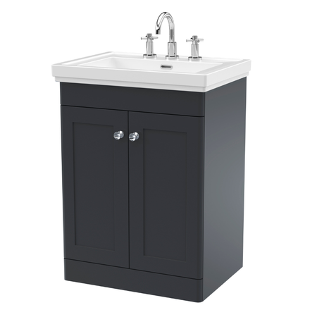 Nuie Classique 600mm Floor Standing 2 Door Vanity Basin Unit with 3 Tap Hole Basin & Chrome Handles (1 size, Soft Black) - Brand New Bathrooms