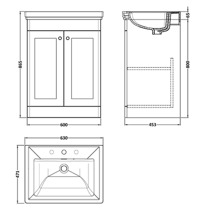 Nuie Classique 600mm Floor Standing 2 Door Vanity Basin Unit with 3 Tap Hole Basin & Chrome Handles (1 size, Soft Black) - Brand New Bathrooms