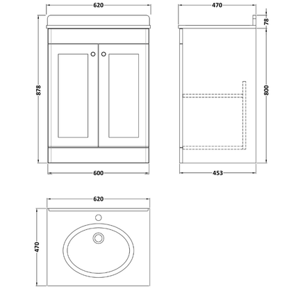 Nuie Classique 600mm Floor Standing Vanity Unit With Marble Top & Basin (1 size, Soft Black) - Brand New Bathrooms