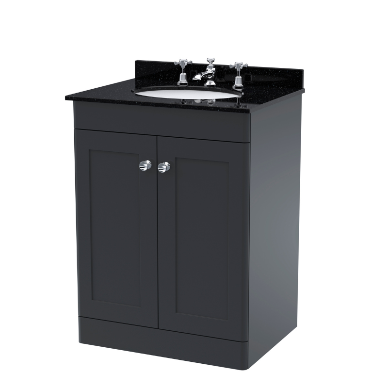 Nuie Classique 600mm Floor Standing 2 Door Vanity Unit With Marble Top & 3 Tap Hole Basin (1 size, Soft Black) - Brand New Bathrooms
