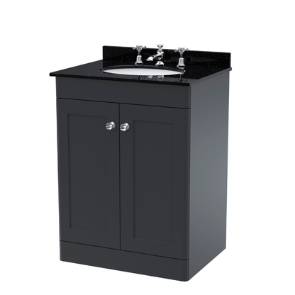 Nuie Classique 600mm Floor Standing 2 Door Vanity Unit With Marble Top & 3 Tap Hole Basin (1 size, Soft Black) - Brand New Bathrooms