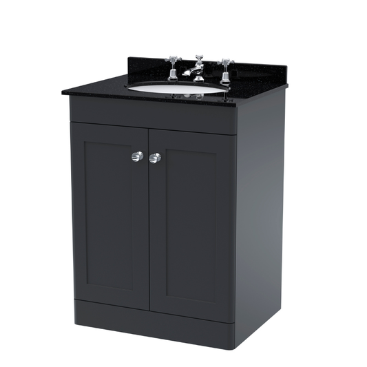 Nuie Classique 600mm Floor Standing 2 Door Vanity Unit With Marble Top & 3 Tap Hole Basin (1 size, Soft Black) - Brand New Bathrooms