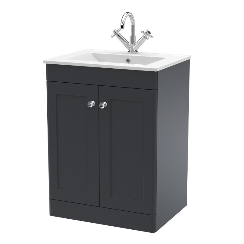 Nuie Classique 600mm Floor Standing 2-Door Vanity with Basin - 1 Tap Hole (1 size, Soft Black) - Brand New Bathrooms
