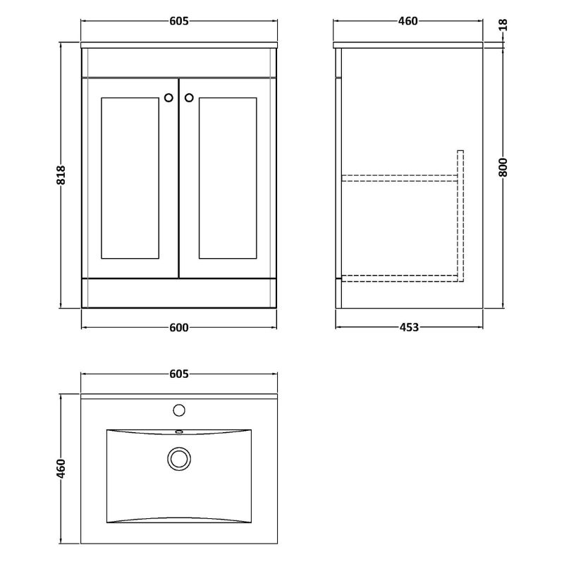 Nuie Classique 600mm Floor Standing 2-Door Vanity with Basin - 1 Tap Hole (1 size, Soft Black) - Brand New Bathrooms