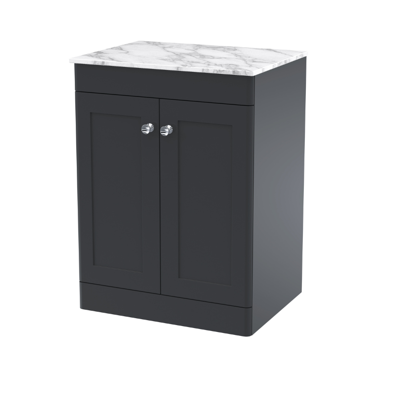 Nuie Classique 600mm Soft Black Floor Standing 2-Door Vanity With Marble Top (1 size, Soft Black) - Brand New Bathrooms