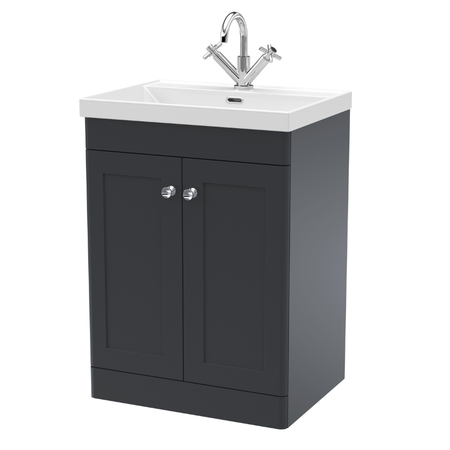 Nuie Classique 600mm Floor Standing 2-Door Vanity Unit with Basin with Chrome Handles (1 size, Soft Black) - Brand New Bathrooms