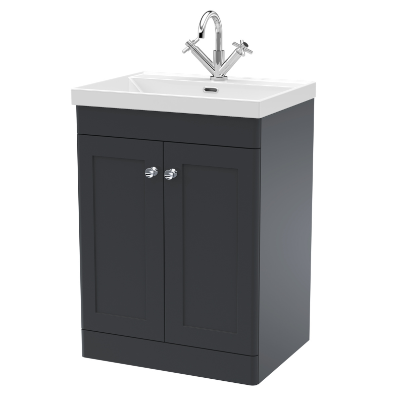 Nuie Classique 600mm Floor Standing 2-Door Vanity Unit with Basin with Chrome Handles (1 size, Soft Black) - Brand New Bathrooms