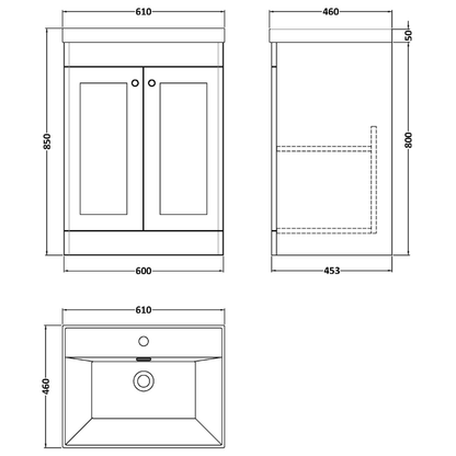 Nuie Classique 600mm Floor Standing 2-Door Vanity Unit with Basin with Chrome Handles (1 size, Soft Black) - Brand New Bathrooms