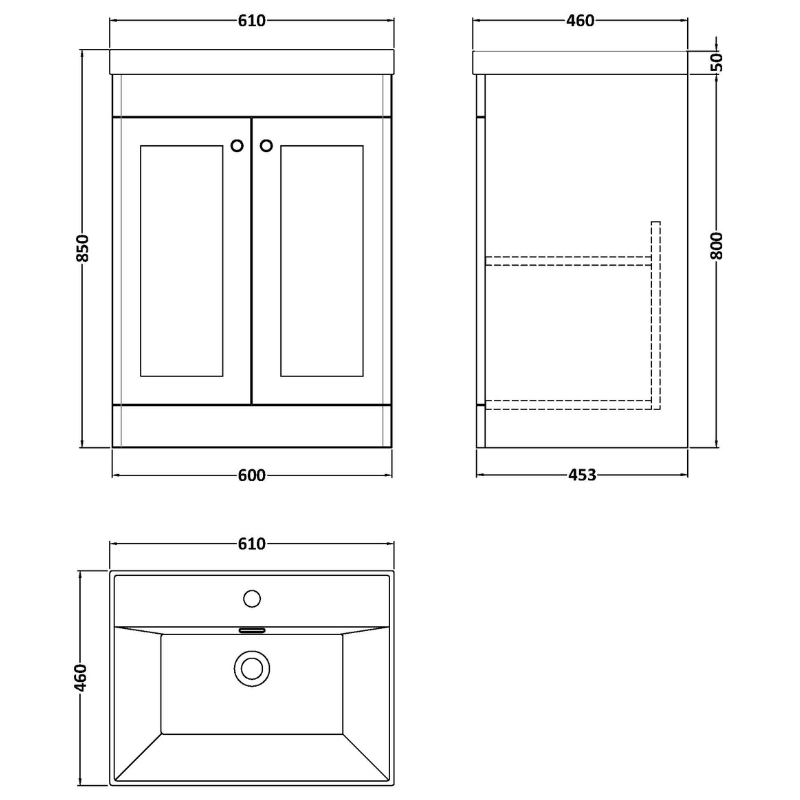 Nuie Classique 600mm Floor Standing 2-Door Vanity Unit with Basin with Chrome Handles (1 size, Soft Black) - Brand New Bathrooms