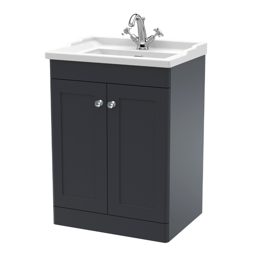 Nuie Classique 600mm Floor Standing 2 Door Vanity Unit With 1 Tap Hole Basin (1 size, Soft Black) - Brand New Bathrooms