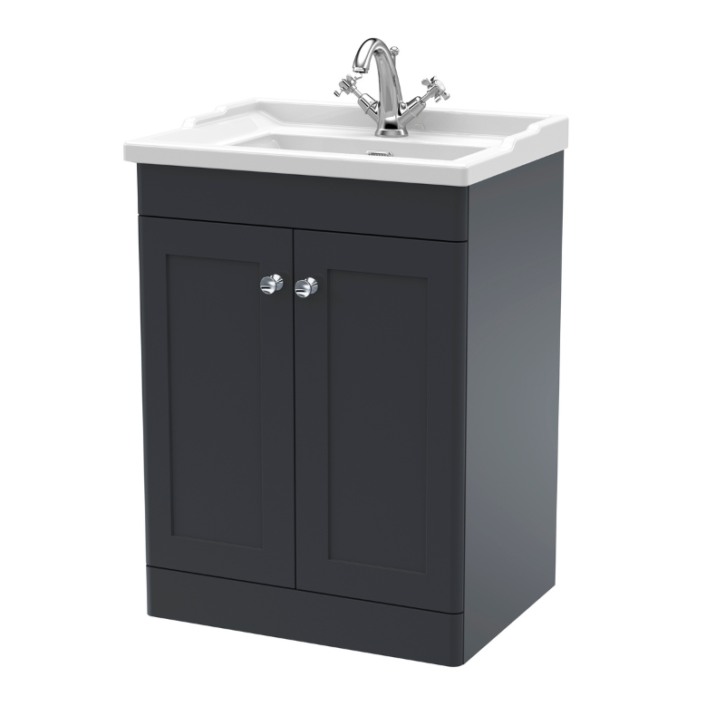 Nuie Classique 600mm Floor Standing 2 Door Vanity Unit With 1 Tap Hole Basin (1 size, Soft Black) - Brand New Bathrooms