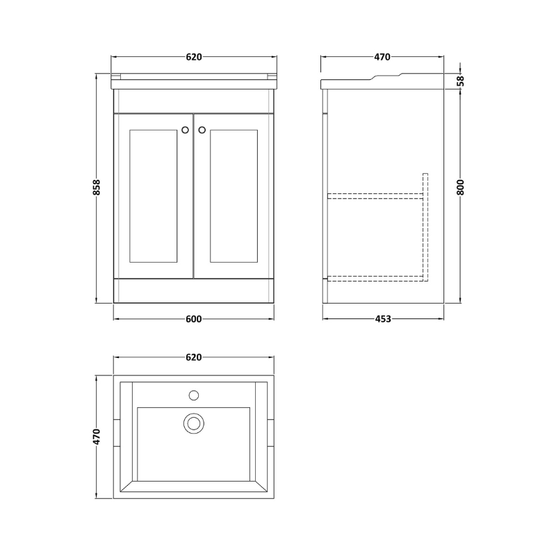 Nuie Classique 600mm Floor Standing 2 Door Vanity Unit With 1 Tap Hole Basin (1 size, Soft Black) - Brand New Bathrooms