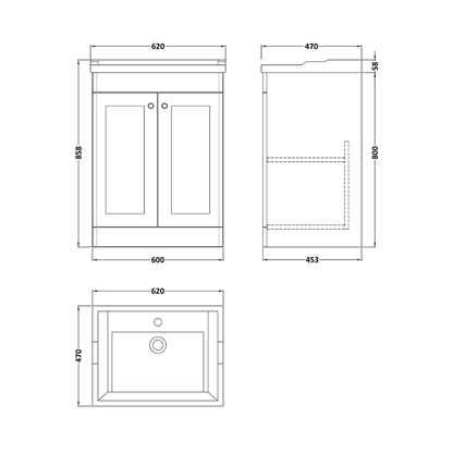 Nuie Classique 600mm Floor Standing 2 Door Vanity Unit With 1 Tap Hole Basin (1 size, Soft Black) - Brand New Bathrooms