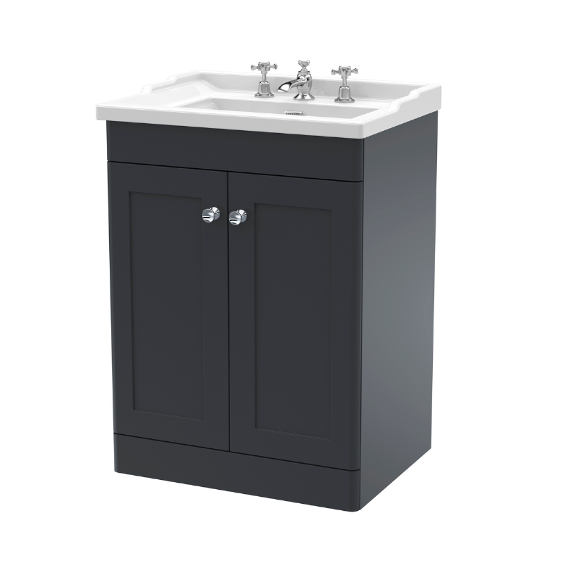 Nuie Classique 600mm Traditional Floor Standing 2 Door Unit With 3 Tap Hole Basin (1 size, Soft Black) - Brand New Bathrooms