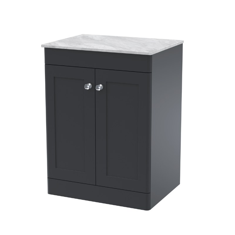 Nuie Classique 600mm Floor Standing 2-Door Vanity Unit With Marble Top & Soft Close Doors (1 size, Soft Black) - Brand New Bathrooms