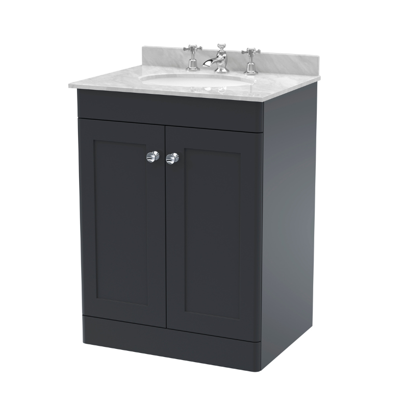 Nuie Classique 600mm Floor Standing 2 Door Vanity Unit With 3 Tap Hole Basin (1 size, Soft Black) - Brand New Bathrooms