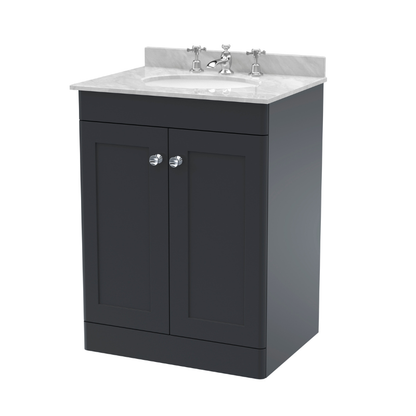 Nuie Classique 600mm Floor Standing 2 Door Vanity Unit With 3 Tap Hole Basin (1 size, Soft Black) - Brand New Bathrooms