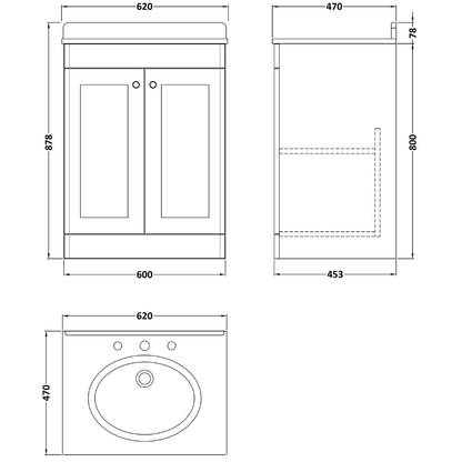 Nuie Classique 600mm Floor Standing 2 Door Vanity Unit With 3 Tap Hole Basin (1 size, Soft Black) - Brand New Bathrooms