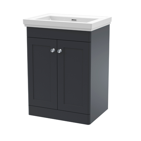 Nuie Classique 600mm Floor Standing 2 Door Vanity Unit with 0 Tap Hole Basin with Overflow (1 size, Soft Black) - Brand New Bathrooms