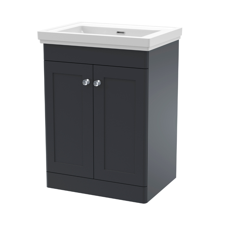 Nuie Classique 600mm Floor Standing 2 Door Vanity Unit with 0 Tap Hole Basin with Overflow (1 size, Soft Black) - Brand New Bathrooms
