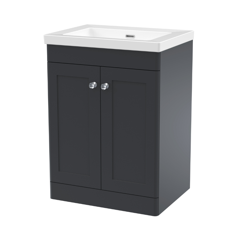 Nuie Classique 600mm Floor Standing 2-Door Vanity with Basin - 0 Tap Hole (1 size, Soft Black) - Brand New Bathrooms