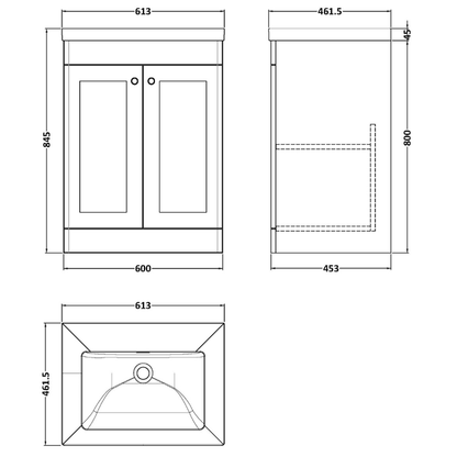 Nuie Classique 600mm Floor Standing 2-Door Vanity with Basin - 0 Tap Hole (1 size, Soft Black) - Brand New Bathrooms