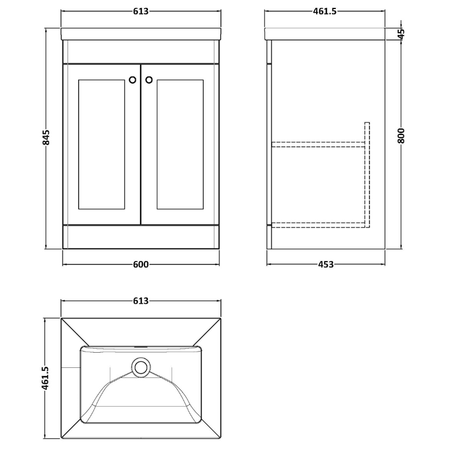 Nuie Classique 600mm Floor Standing 2-Door Vanity with Basin - 0 Tap Hole (1 size, Soft Black) - Brand New Bathrooms