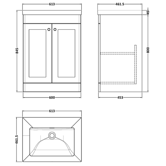 Nuie Classique 600mm Floor Standing 2-Door Vanity with Basin - 0 Tap Hole (1 size, Soft Black) - Brand New Bathrooms